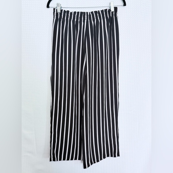 Zara Black White Stripe Wide Leg Culotte Pants Paperbag Waist Tie Belt M - Picture 7 of 9